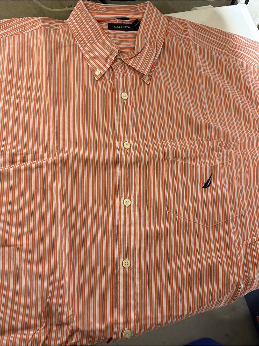 Nautica Men’s Orange and White Striped Button-Down Shirt